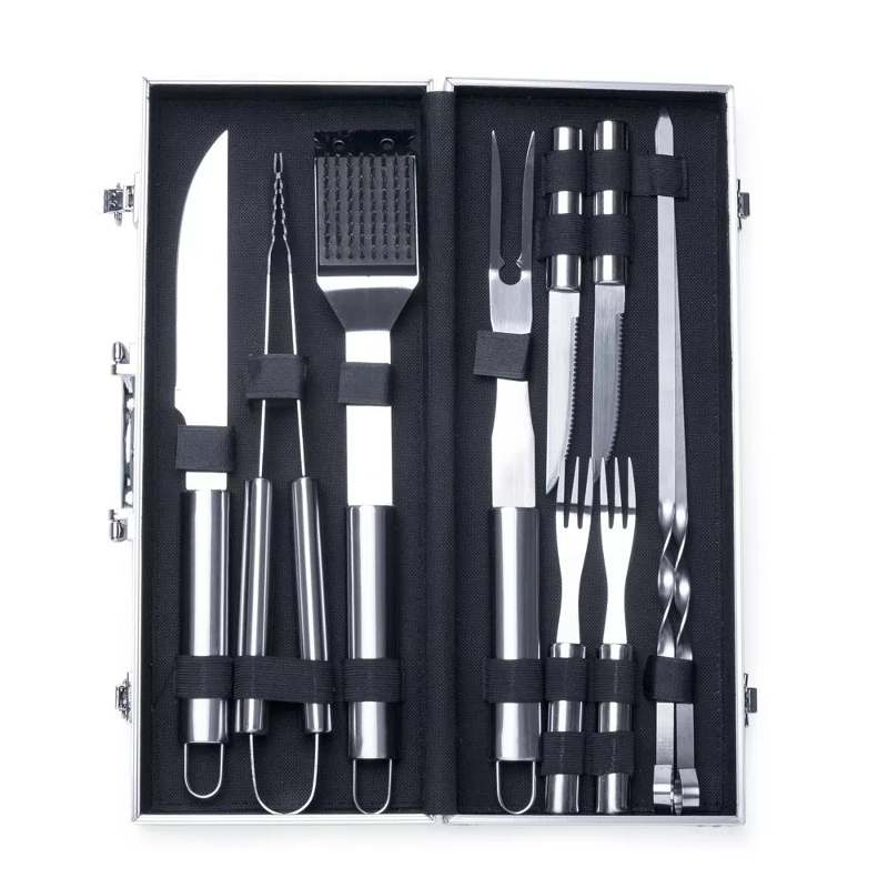 Kit Barbacoa 10 Piezas Pinchos Cubiertos Acero Inoxidable Estuche Aluminio