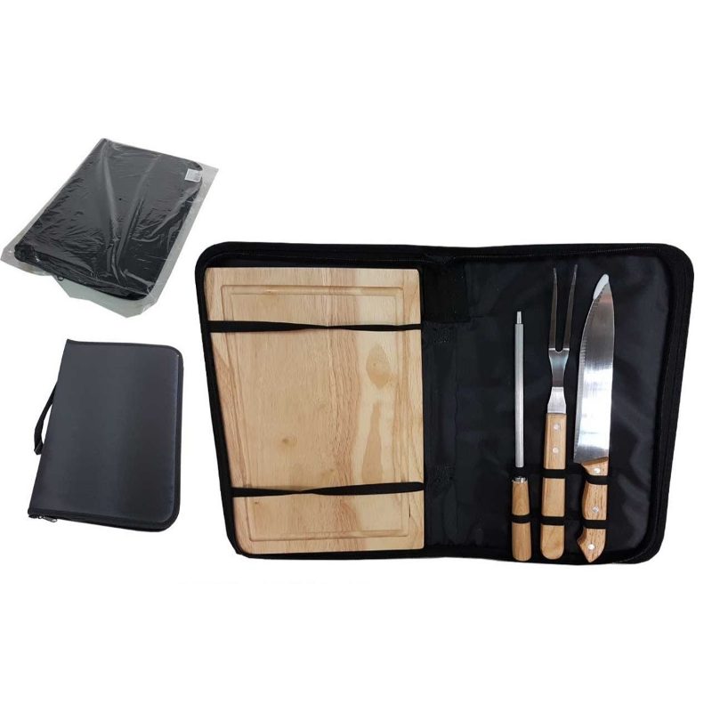 Barbecue Kit 3 Pieces With Board And Handle Case In Stainless Bamboo