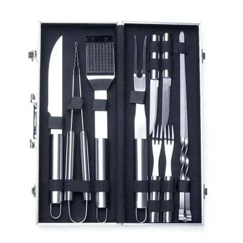 Barbecue Kit 10 Pieces Cutlery Stainless Steel Skewers Aluminum Case